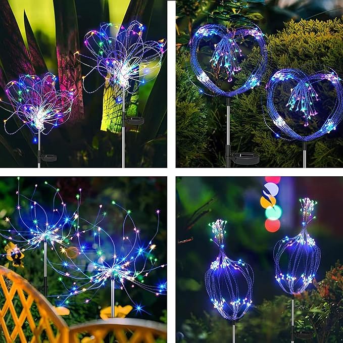 Solar Firework Lights 2Pcs Garden Lights Outdoor Waterproof 120 LED with 8 Modes Twinkling and Steady-On Festive daysStarburst Lights for Path Patio Yard (Colorful)
