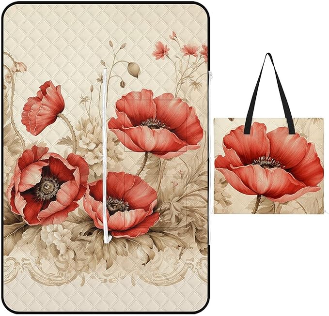 Zipper Poppies and Lace Style Picnic Mat Suitable for Travel Camping Park Or Home Use
