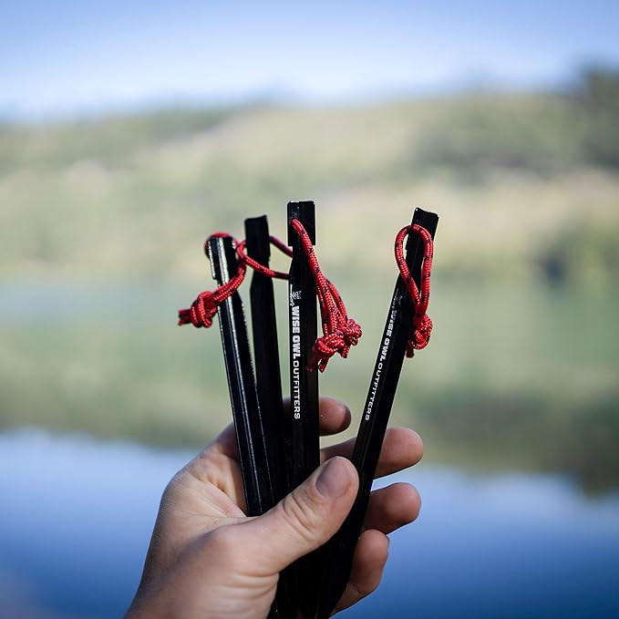 Wise Owl Outfitters Tent Stakes Heavy Duty 16 Pack – Lightweight Non-Rust Aircraft Aluminum Tent Pegs - Metal Ground Stakes for Camping Canopy Tarp