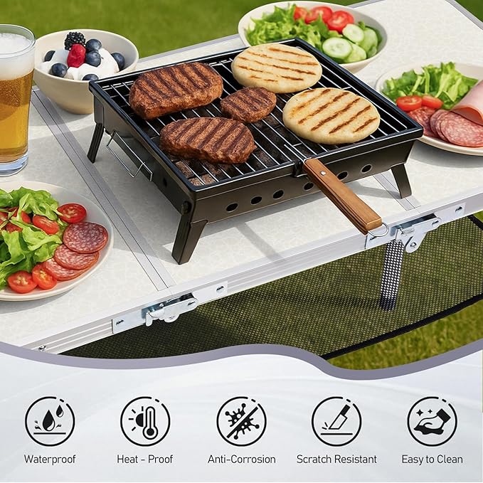 VINGLI Small Folding Table Portable 3FT Aluminum Foldable Camping Table for Picnic Card Table with 3 Adjustable Height &amp Carry Handle for Outdoor Indoor Hiking Camp BBQ Beach-White