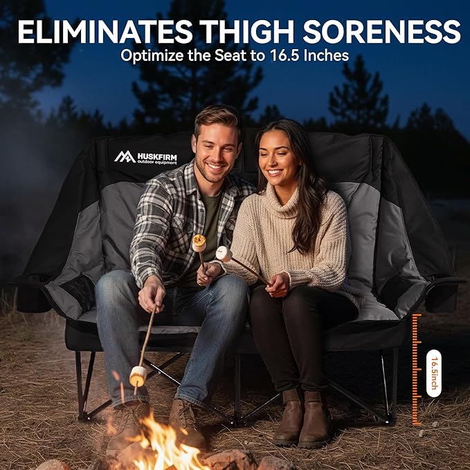 High Back Double Camping Chair 2 Person Camping Chair Low Seat Loveseat Camping Chair Fully Padded Oversized Camping Couch for Adults - Supports 650 LBS with Cup Holders Carry Bag - Black