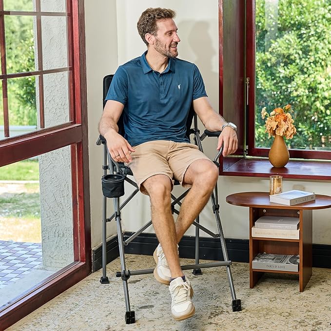 EVER ADVANCED Tall Camping Directors Chair with Cup Holder 31 Bar Height Folding Chair for Camping Sports with Carry Bag Mesh Pockets and Footrest Heavy Duty 300 lbs Black