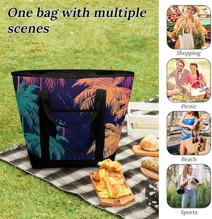 Insulated Shopping BagLarge Reusable Cooler Bags Colorful Palm Trees Printed Foldable Shopping BagTravel Waterproof Shoulder Bag