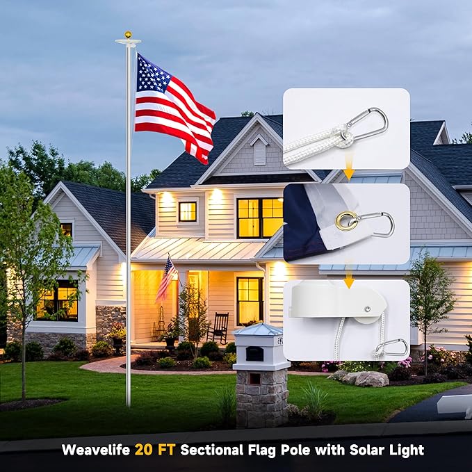 20FT Flag Pole Kit with Solar Light in Ground Heavy Duty Sectional Extra Thick Aluminum Flagpole Kit with 136 Led Flag Light Solar Powered Flag Included