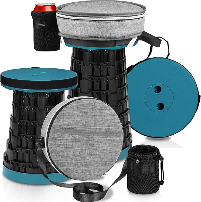 Upgraded Collapsible Stool with 3 Slides Load Capacity 660lbs Folding Camping Stool with 3-in-1 Carry Bag Lightweight Sturdy Retractable Suitable for Camping Fishing Hiking BBQ (Blue-green)
