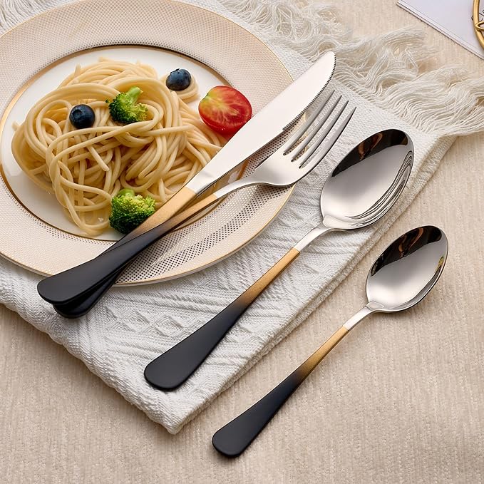 20-Piece Black Gold Silverware Set 18/0 Stainless Steel Silverware Set Black Gold Handle Cutlery Set Service for 4 Dinner Knives Forks Spoons Set Flatware Set Finish Dishwasher Safe