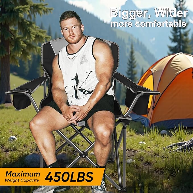 2 Pack Oversized Folding Camping Chairs for Adults Heavy Duty Lawn Chairs with Cup Holder Storage and Cooler Bag 400 LBS Weight Capacity Padded Collapsible Chairs for Outdoor Garden &amp Beach