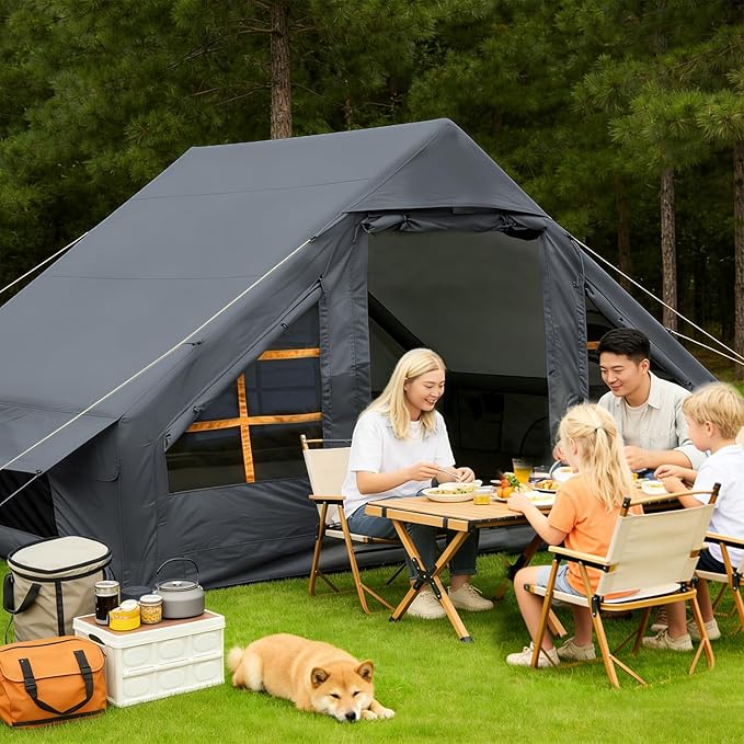 Inflatable Tents with Hand Pump Hot Tent with Stove Jack Easy Blow Up Glamping Tent with Mesh Windows 4-6 Person Instant Family Camping Tents Waterproof for 4 Seasons