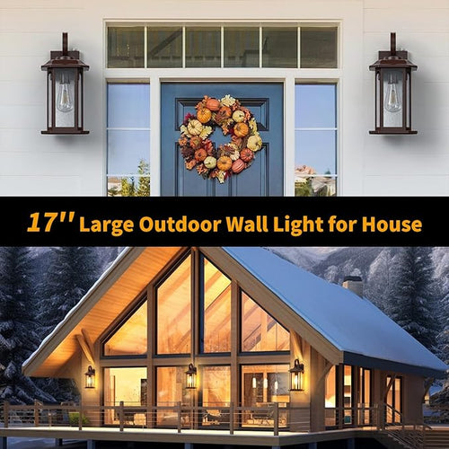 16.8'' Large Dusk to Dawn Outdoor Wall Lights Brown Exterior Lighting Fixtures Wall Sconce with Seeded Glass Waterproof Front Porch Light Outside Lantern for House Patio Garage 1Pack