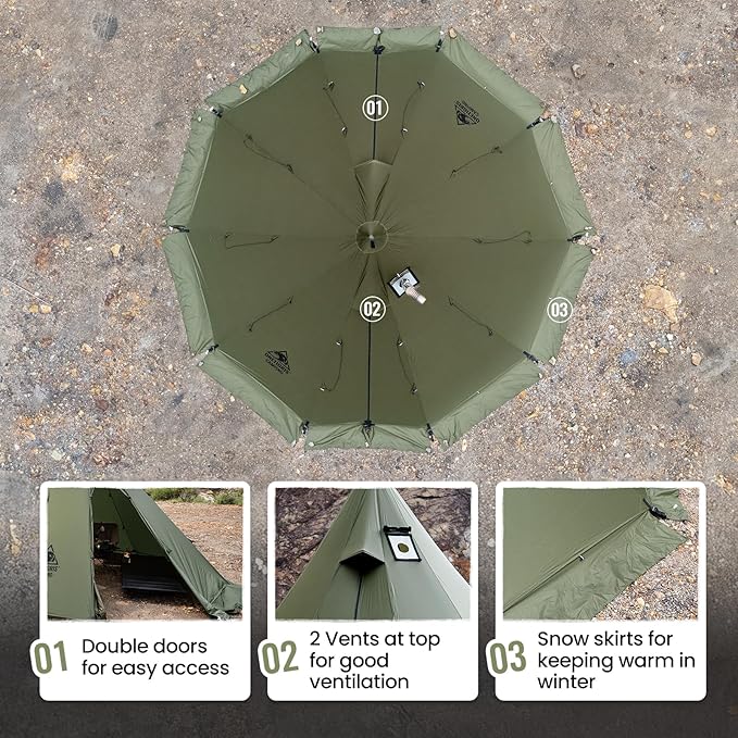 OneTigris Rock Fortress Hot Tent with Stove Jack 4 Season 4-6 Person Tipi for Camping Backpacking Hunting Fishing - Waterproof Wind-Proof