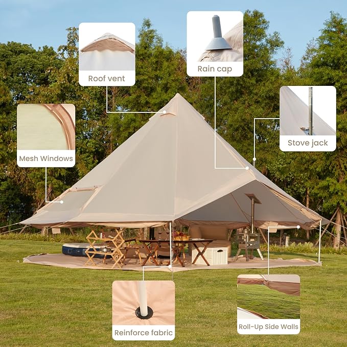 YOLENY Bell Tent Yurt Tent 4/6/8/10 Person 4 Season Waterproof Glamping Tents w/Stove Jack for Family Camping Outdoor Party Glamping Tents for Camping - 10/13.1/16.4FT