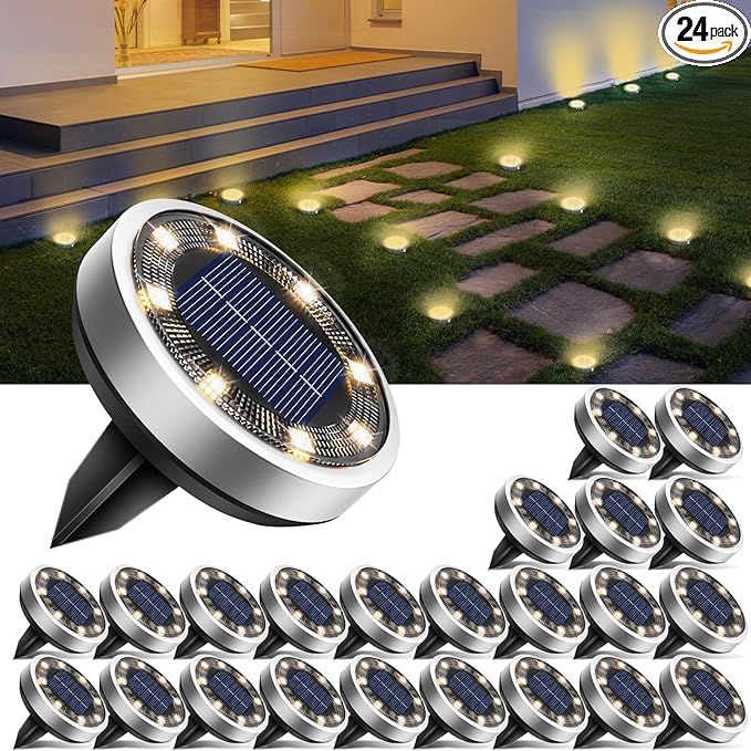 btfarm 24 Pack Solar Lights Outdoor 8 LED Solar Ground Lights IP65 Waterproof Flat Solar Disc Light Pathway Lights for Garden Lawn Patio Yard Path Landscape Warm White