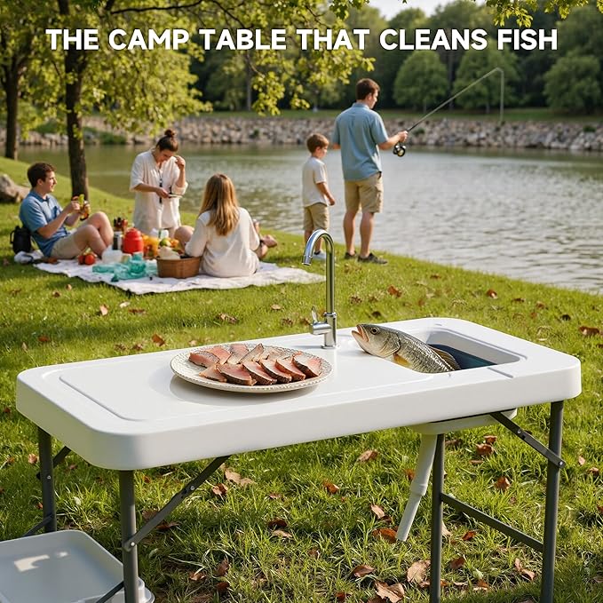 Fish Cleaning Table with Deep Sink &amp Extra Shelf Heavy-Duty HDPE Waterproof &amp UV-Resistant Portable Outdoor Sink with Hose Hookup Ideal for Camping Picnic &amp Backyard