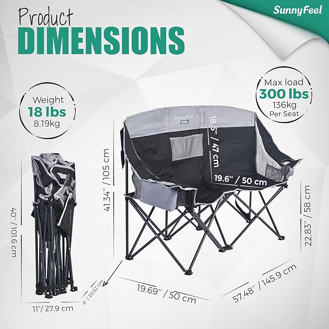 SUNNYFEEL Folding Double Camping Chair Oversized Loveseat Chair Heavy Duty Portable/Foldable Lawn Chair with Storage/Cooler for Outside/Outdoor/Travel/Picnic Fold Up Camp Chairs for Adults 2 People