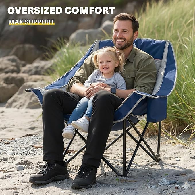 Oversized XL Camping Chair for Adults Heavy Duty | 450LBS Support Padded Folding Lawn Chairs with Side Pocket Cup Holder Cooling Bag for Outdoor Sports Garden Beach Fishing