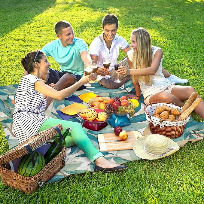 Waterproof Sandproof Beach Blanket 59''×68'' Plant Polyester Outdoor Picnic Blanket with 4 Stakes &amp Storage Bag for BeachCampingVacation Peacock Blue