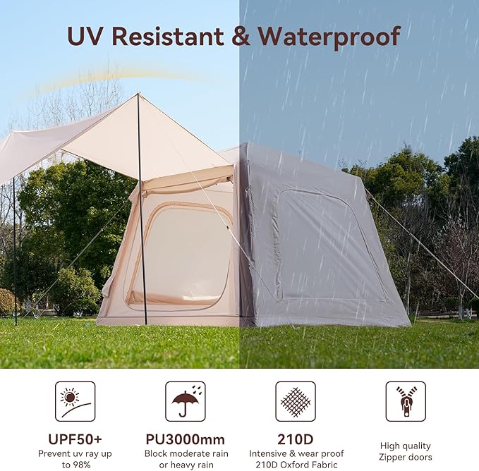Inflatable Tents for Camping Super Easy to Blow Up Tent with Hand Pump Waterproof Oxford Cloth &amp Stove Jack Spacious Air Tent Hot Tents for 4-6 People