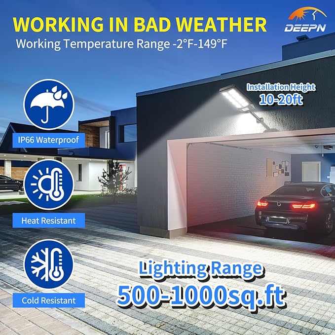 Deepn Solar Lights Outdoor IP66 Waterproof Street Lights Outdoor 6500K Dusk to Dawn Solar Security Flood Lights Motion Sensor with Remote Control for Yard Entryway Garage Porch 1 Pack