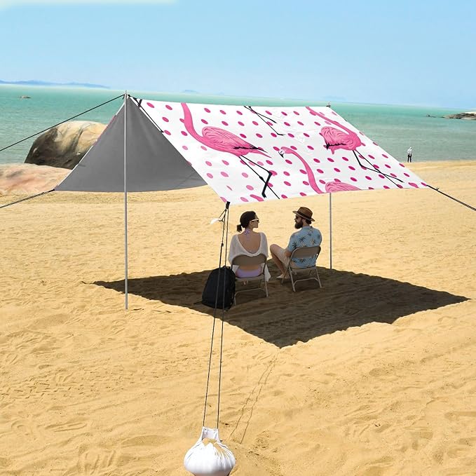 Flamingo Pink Beach Tent Sun Shelter 9.2' x 10.5' Beach Canopy with 4 Sandbags 4 Stability Poles Sand Shovels - Tent Canopy for Beach Camping Fishing Picnics