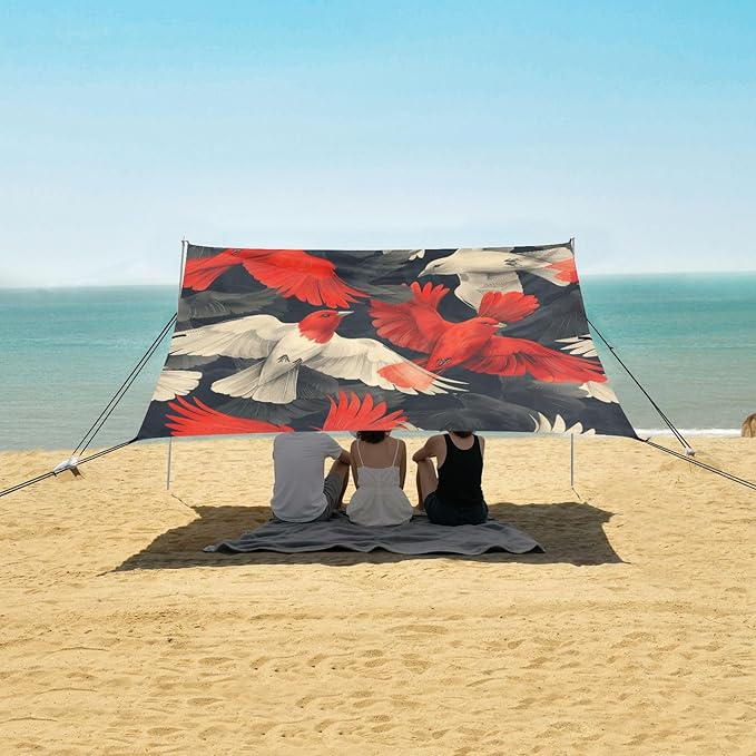 Colorful Cute Birds Beach Tent Sun Shelter 9.2' x 10.5' Beach Canopy with 4 Sandbags 4 Stability Poles Sand Shovels - Tent Canopy for Beach Camping Fishing Picnics