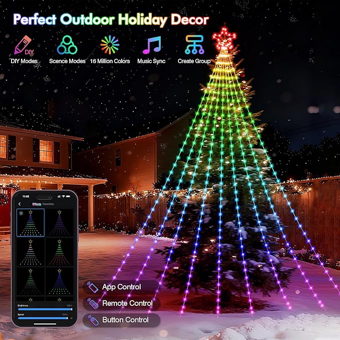 12FT Outdoor Christmas Decorations Smart RGB Color Changing Christmas Hanging Waterfall String Lights APP Remote Control DIY Multi-Color Lightshow Music Sync Outside Xmas Lights Decor
