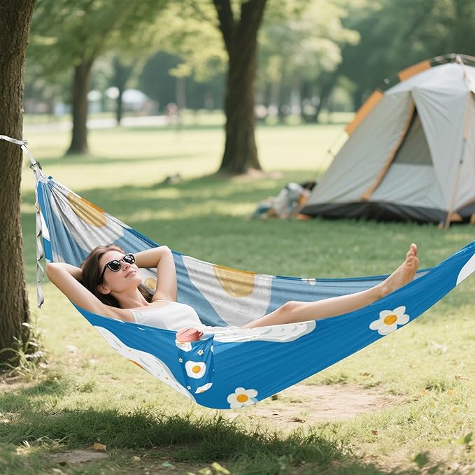 OTVEE Camping Hammock Sunny Side Print Portable Hammocks 500lb Upgraded Thickened Durable Single Hammocks with Tree Straps &amp Travel Bag for Camping Outdoor Indoor Patio Backyard