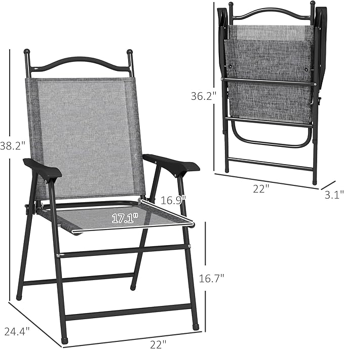Outsunny Folding Patio Chairs Set of 4 Sports Chairs for Adults Camping Chairs with Armrests Breathable Mesh Fabric Seat for Lawn Gray