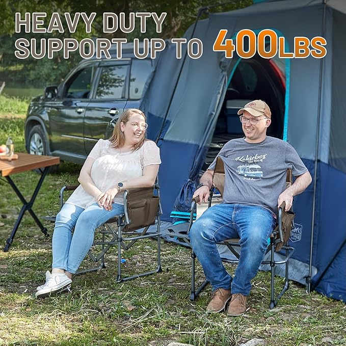 TIMBER RIDGE 2 Pack Aluminum Camping Directors Chair with Side Table Pocket Portable Folding Heavy Duty Lawn Chair for Fishing Trip Picnic Concert Outdoor 400lbs Tan