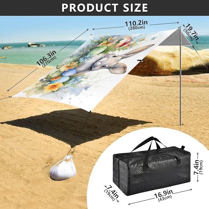 ALAZA Easter Bunny Rabbit Beach Tent Sun Shelter UPF50+ Protection Beach Shade Canopy w/ 4 Sandbags for Outdoor Camping Fishing Backyard Fun Picnic 10x9 ft