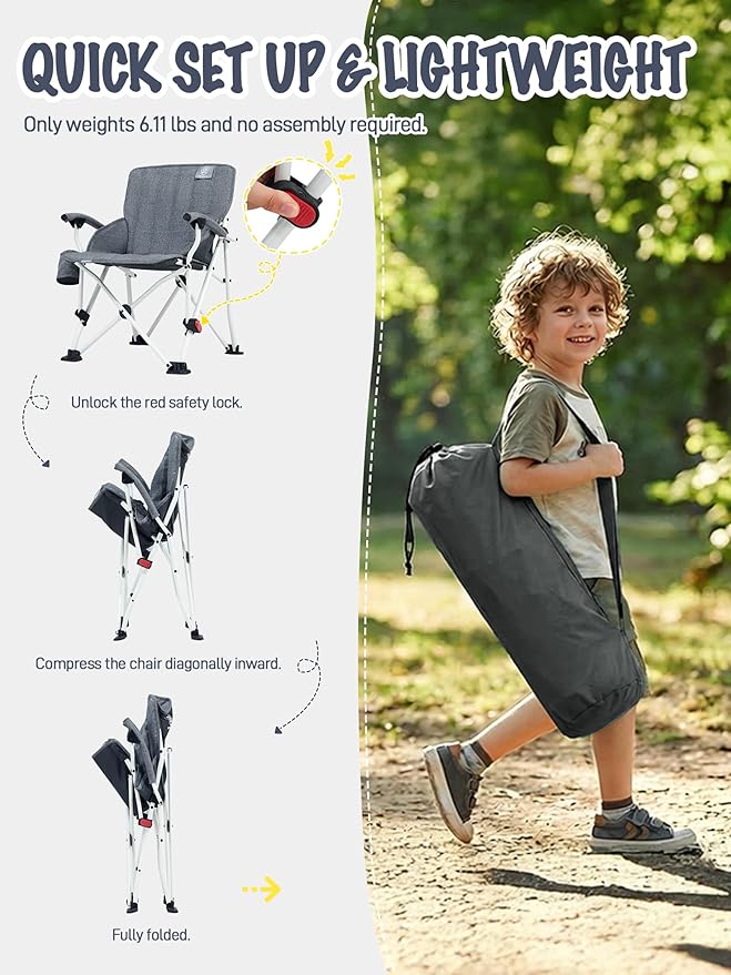 EVER ADVANCED Kids Camping Chairs with Cup Holder Padded Folding Camping Chair Outdoor with Safety Lock Carry Bag Lightweight Portable Camp Chairs for Beach Balcony Patio Supports 150lbs Grey