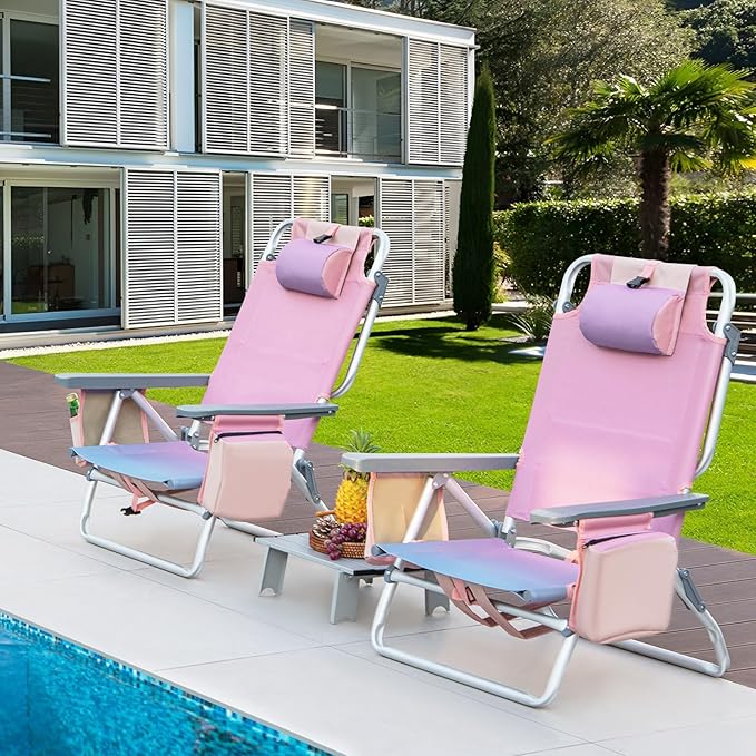 GYMAX Beach Chairs Backpack Camping Chair with Armrest Cooler Bag Cup Holder Towel Bar &amp Side Pockets Sunbath Sling Tanning Lounge Folding Layout Chair (with Table Pink)
