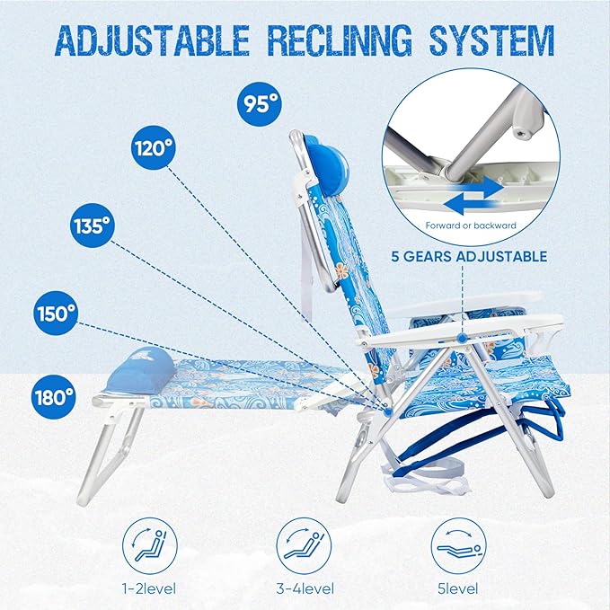 Old Bahama Bay Backpack Beach Chair 2 Pack Aluminum Lightweight Reclining 5-Position Lounge Chair for Adults Heavy Duty Support 400 LBS Portable Folding with Cooler Bag Camping Chair for Sand Outdoor