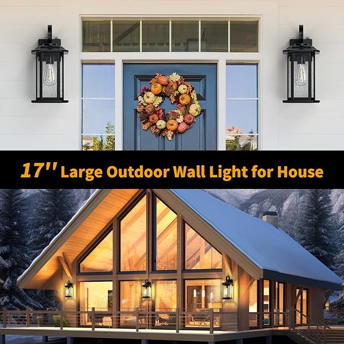 16.8'' Large Dusk to Dawn Outdoor Wall Lights Black Exterior Lighting Fixtures Wall Sconce with Seeded Glass Waterproof Front Porch Light Outside Wall Lantern for House Patio Garage 1Pack