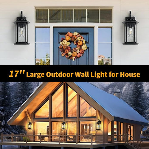 16.8'' Large Dusk to Dawn Outdoor Wall Lights Black Exterior Lighting Fixtures Wall Sconce with Seeded Glass Waterproof Front Porch Light Outside Wall Lantern for House Patio Garage 1Pack