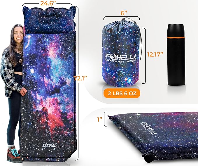 Foxelli Self Inflating Sleeping Pad for Camping Backpacking Hiking Insulated Foam Lightweight Camping Mat Inflatable Camp Mattress with Pillow