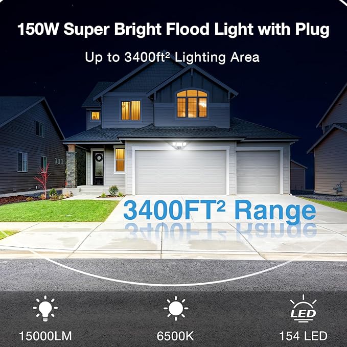 150W Plug in Motion Flood Lights Outdoor 15000LM LED Motion Sensor Outdoor Lights Dusk to Dawn Security Floodlights Waterproof IP65 Exterior Lighting for Outside House Garage