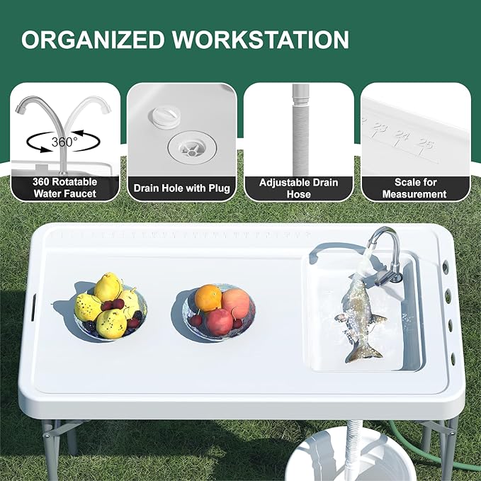 42.5 Fish Cleaning Table with Sink Folding Camping Table &amp Fish Cleaning Station with Measure Mark Camping Sink with Hose Hookup for Outdoor Picnic Beach Dock &amp Patio Use