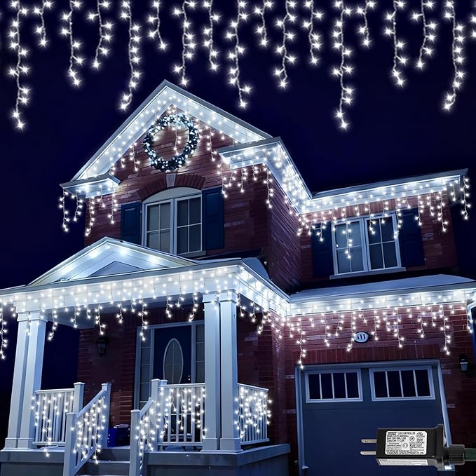 QITONG Icicle Lights for Outside 66ft 800 LED String Lights Plug in with 8 Modes Connectable White Icicle Christmas Light Clear Wire Indoor