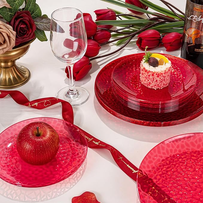Rubtlamp 60 Pcs Red Plasitc Plates Heavy Duty DisposableClear Red Disposable Plates Hammered Plastic plates Include 30 Dessert Platos 30 Dinner Platos for Party