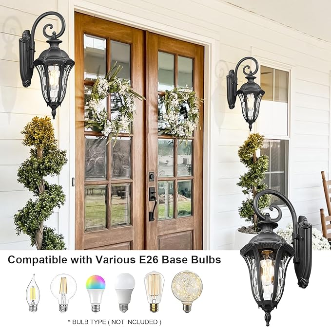 Outdoor Lights Fixtures Wall Mount Outdoor Sconce Lighting Anti-Rust Exterior Porch Light Waterproof Aluminum Outside Lamp with Water Ripple Glass for Home Garden Patio Garage