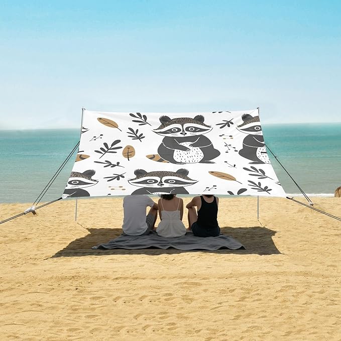 Cute Raccoon in Doodle Style Camping Sun Shelter Beach Tent Portable Beach Sun Shade Outdoor Canopy for Camping Trips Fishing Picnic