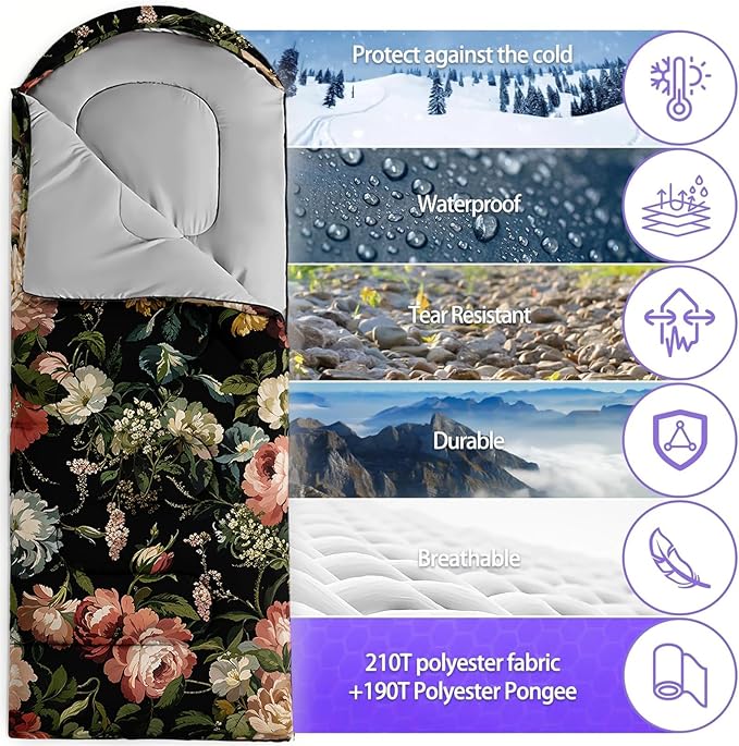 Sleeping Bags for Adults and Kids3D Printing Camping Sleeping Bag for Girls Boys Lightweight Waterproof Cold/Warm 3-SeasonOutdoor Travel with Compression Bags