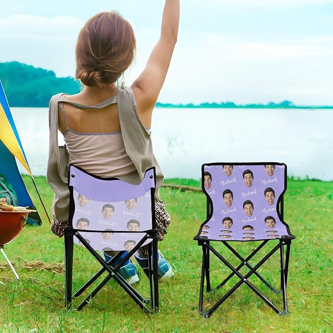 Sinestour Lilac Custom Photo Folding Camping Chair for Teen Child Personalized Name 14.6×14.6in Portable Outdoor Chair with Carry Bag for Travel Picnic Barbeques