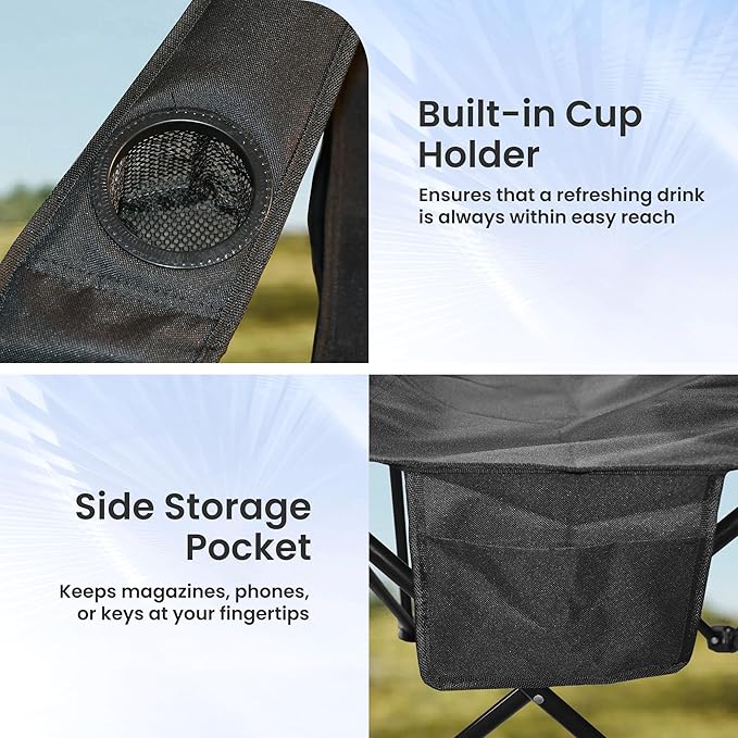 Portable Camping Chair 2 Pack Folding Outdoor Chair with Cup Holder &amp Side Pocket for Camping Hiking Picnic Beach (Black)