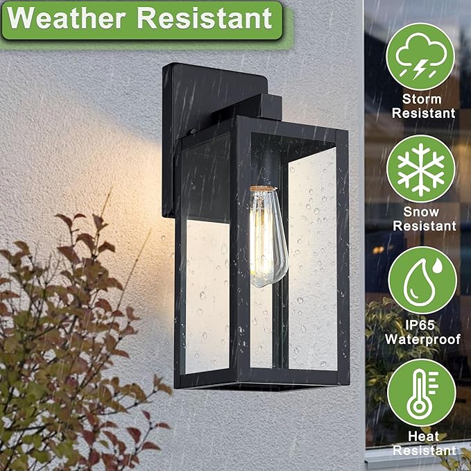GRUENLICH Waterproof Large Outdoor Wall Lanterns Modern Black Porch Sconces with Clear Glass Shade E26 Socket Max 60W IP65 Rated Metal Frame for Patio Front Door Entryway 2-Pack