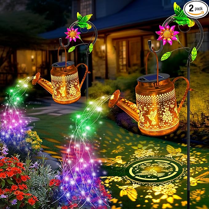 2 Pack Solar Lanterns Outdoor WaterproofHummingbird Watering Can Garden DecorHanging Solar Path Lights Yard ArtOutside Patio Decorations Gardening Christmas Gifts for Mom Grandma Women (with Hook)