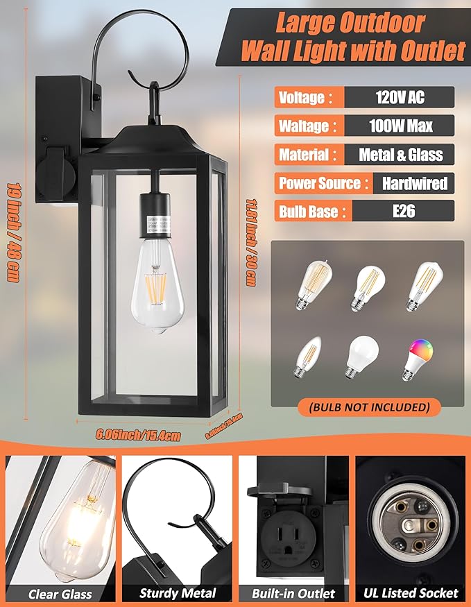 19 Large Outdoor Light Fixture with Outlet Black Outdoor Wall Lights with Outlet Exterior Lighting Fixtures Outside Lights for House Wall Mount Waterproof Wall Sconce Lamp for Front Door Garage