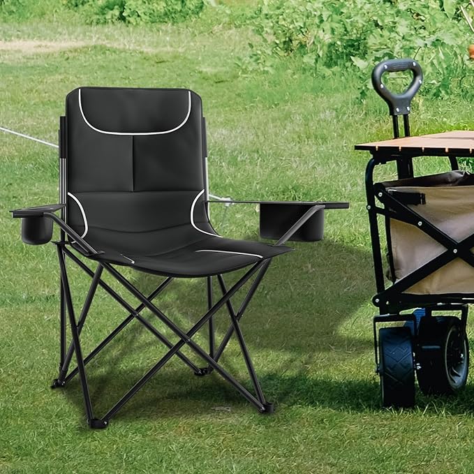 Athena Collection Portable Camping Chair for Outdoor Foldable Outdoor Beach Camping Chair with Adjustable Backrest &amp Armrest Oversized Padded Chair Folding Lawn Chair with Cooler &amp Cup Holde