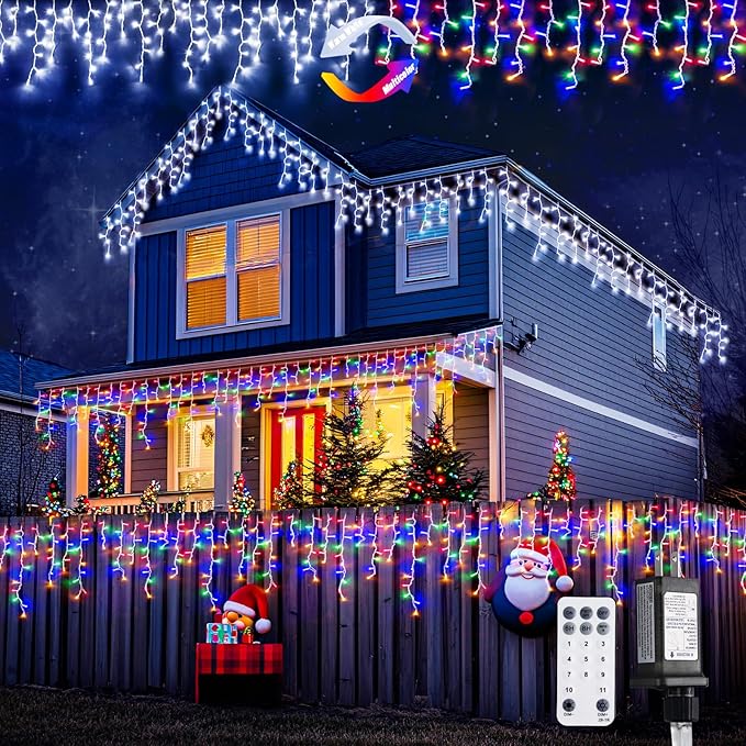 JMEXSUSS Color Changing Lights Outdoor Waterproof 11 Modes 400 LED Christmas Icicle Lights with 40 Drops White to Multicolor Icicle Light for Indoor Christmas Eaves Party Decorations