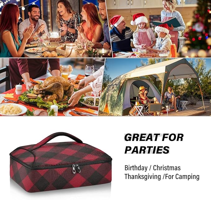 Casserole Carrier Red Black Plaid Insulated Casserole Carrier for Hot or Cold Food Thermal Lunch Tote for Parties Picnic Travel Carry Bag